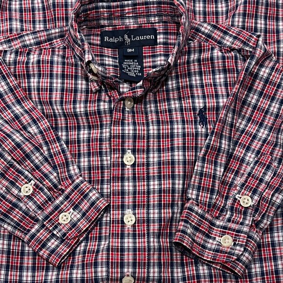 Ralph Lauren Red White & Blue Plaid Romper, Snaps, Cotton, 9 Mos - Picture 4 of 8